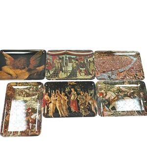 Set of 6 Tapestry Trinket Trays Medieval Renaissance Scenes Made In Italy BEAUTY